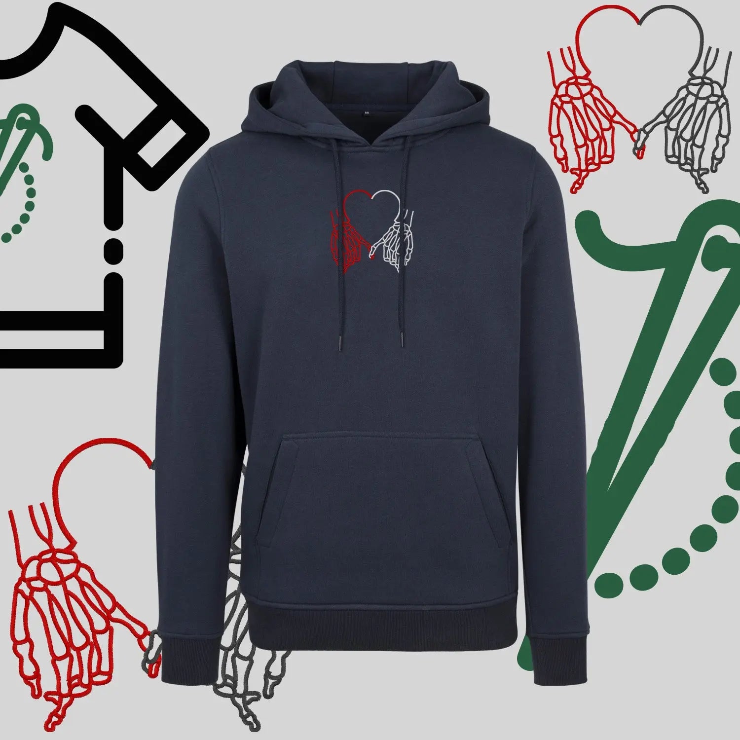 Bluza z kapturem "Dłonie Szkieletów Tworzące Serce" – haft komputerowy, gotycki styl na co dzień Haft z radości