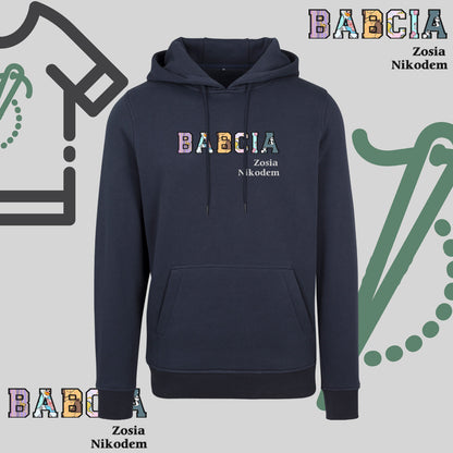 Bluza z kapturem "BABCIA" PATCHWORK+IMIONA WNUCZĄT idealny prezent na dzień Babci