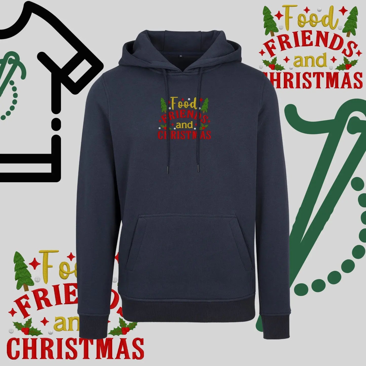 Bluza z kapturem "Food, Friends and Christmas" – haft komputerowy, styl z przesłaniem Haft z radości