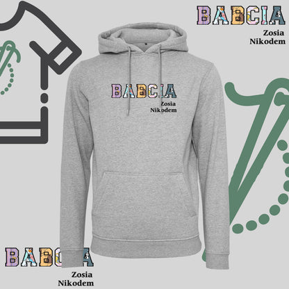 Bluza z kapturem "BABCIA" PATCHWORK+IMIONA WNUCZĄT idealny prezent na dzień Babci