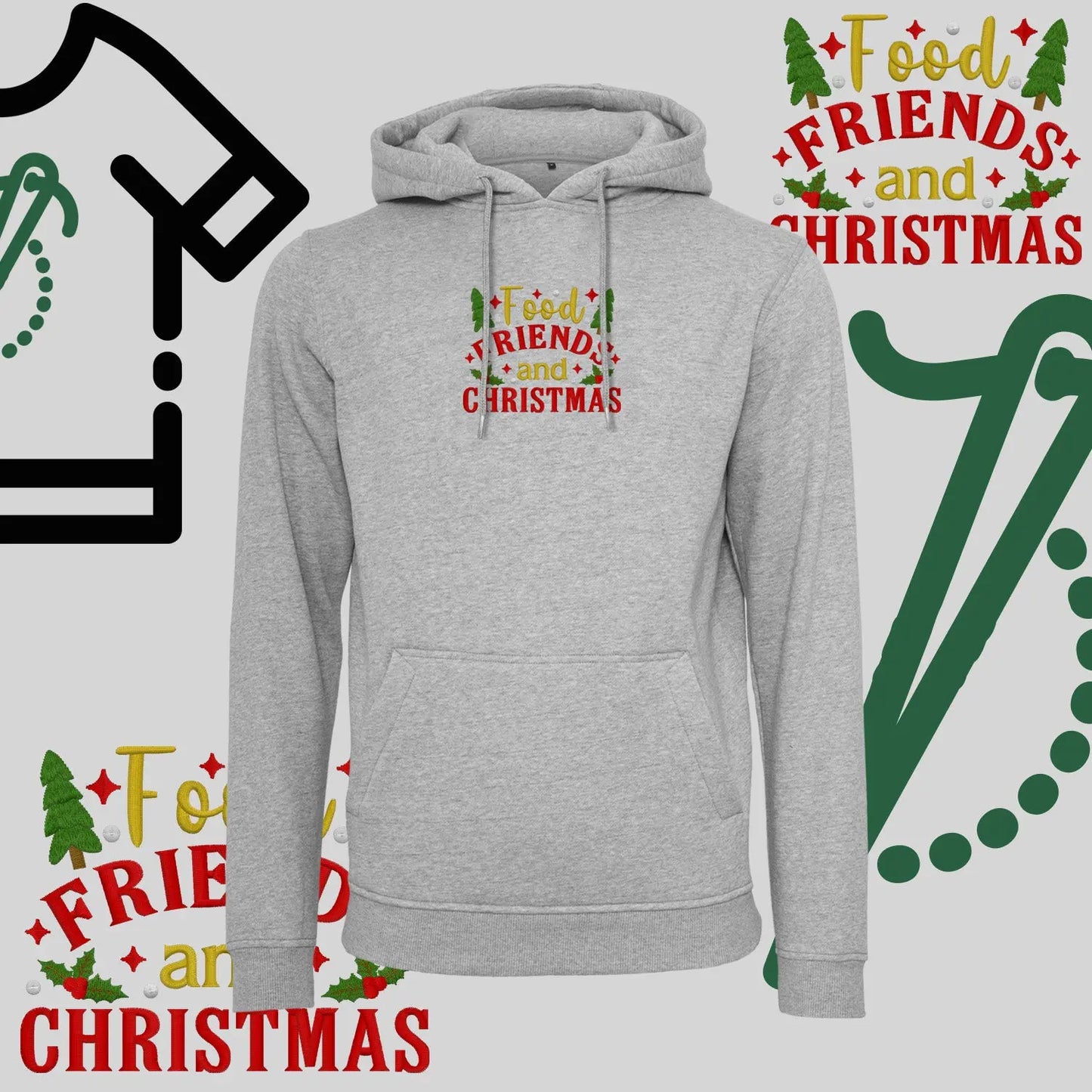 Bluza z kapturem "Food, Friends and Christmas" – haft komputerowy, styl z przesłaniem Haft z radości
