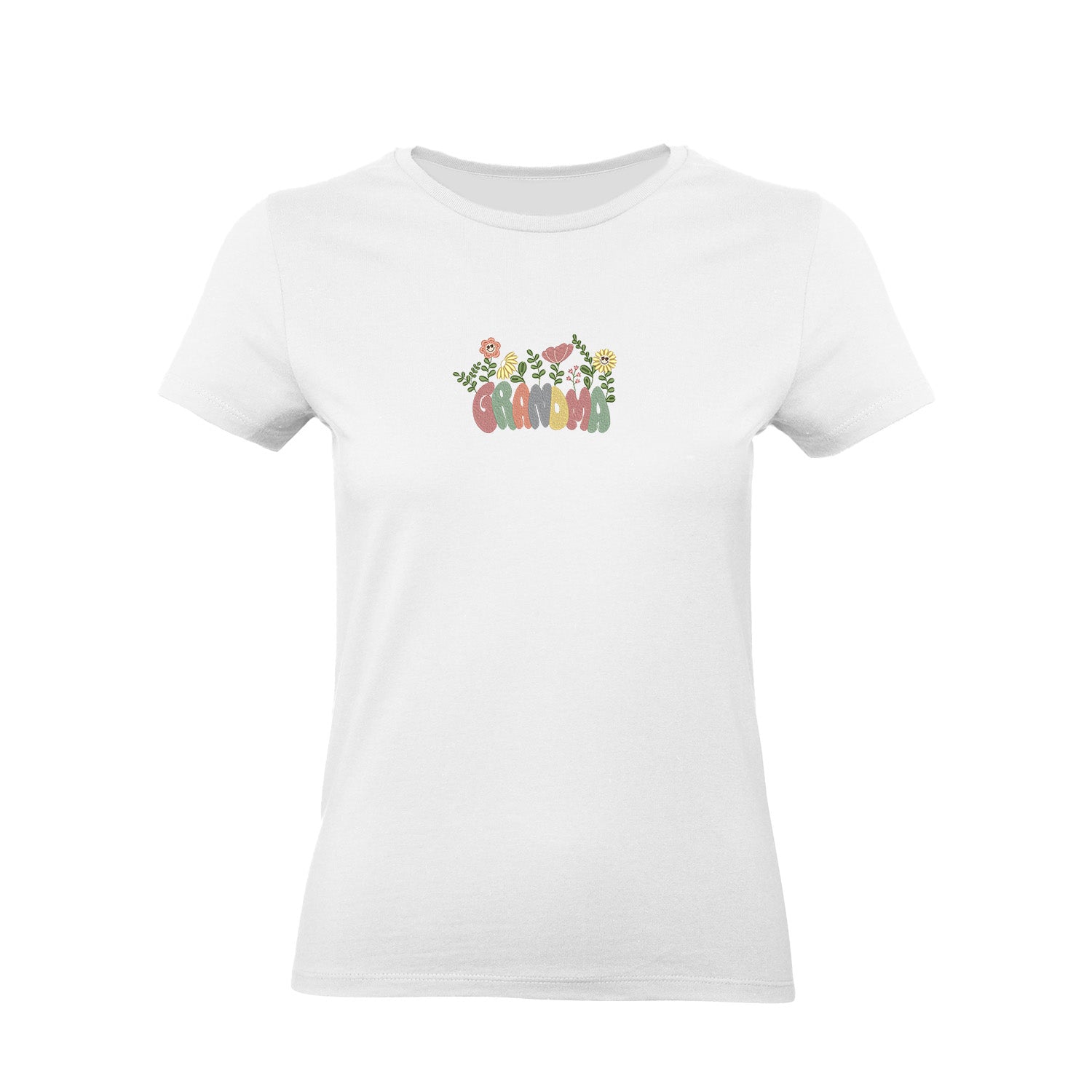 Koszulka Groovy Grandma Flower – kolorowy haft dla Babci Haft z radości - nadruki i haft na odzieży Warszawa