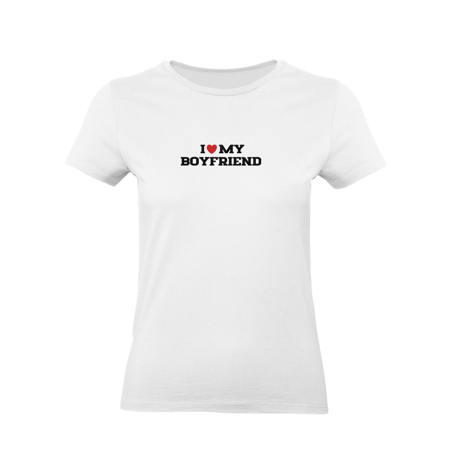 Koszulka I LOVE MY BOYFRIEND z haftem – unisex, damska lub oversize Haft z radości - nadruki i haft na odzieży Warszawa
