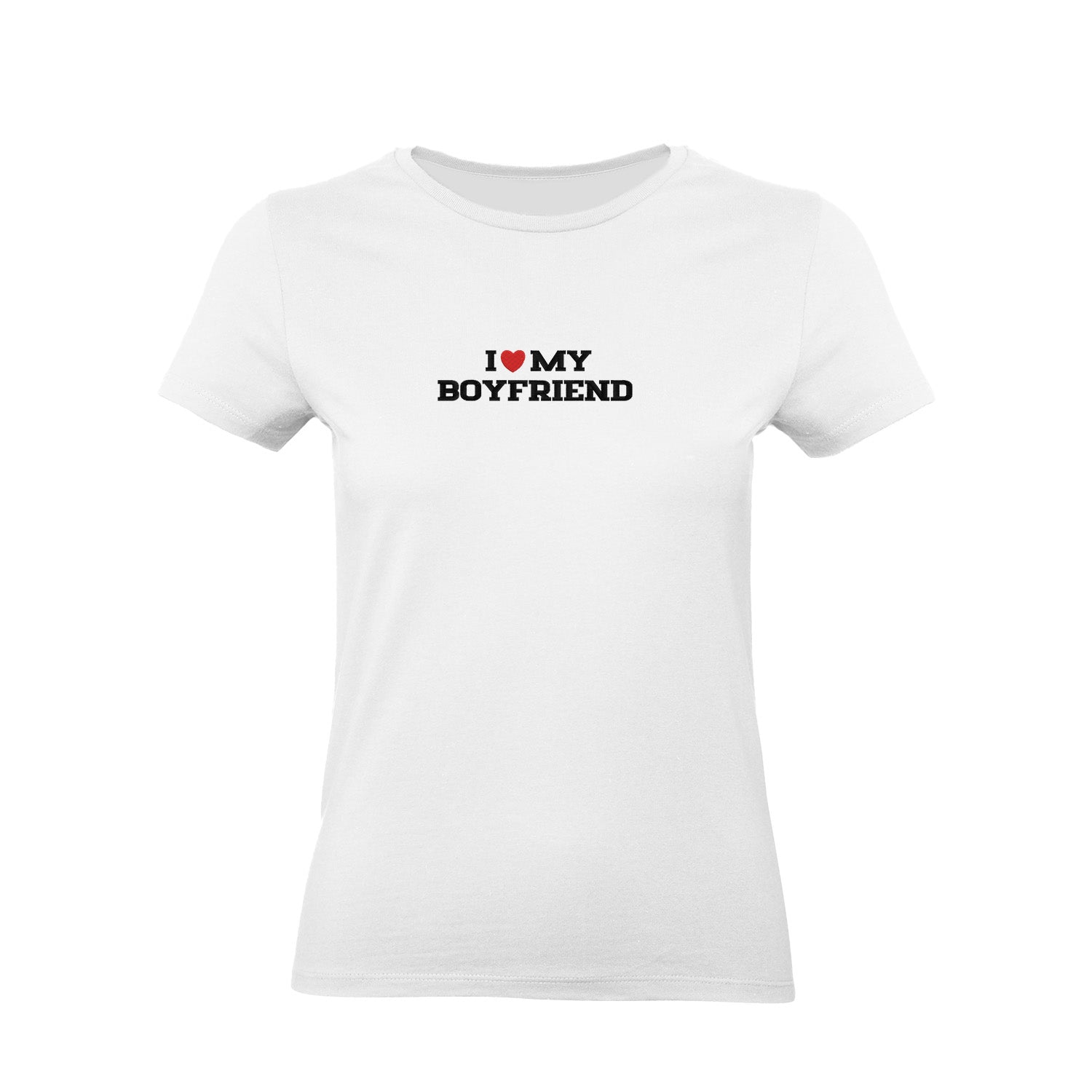 Koszulka I LOVE MY BOYFRIEND z haftem – unisex, damska lub oversize Haft z radości - nadruki i haft na odzieży Warszawa