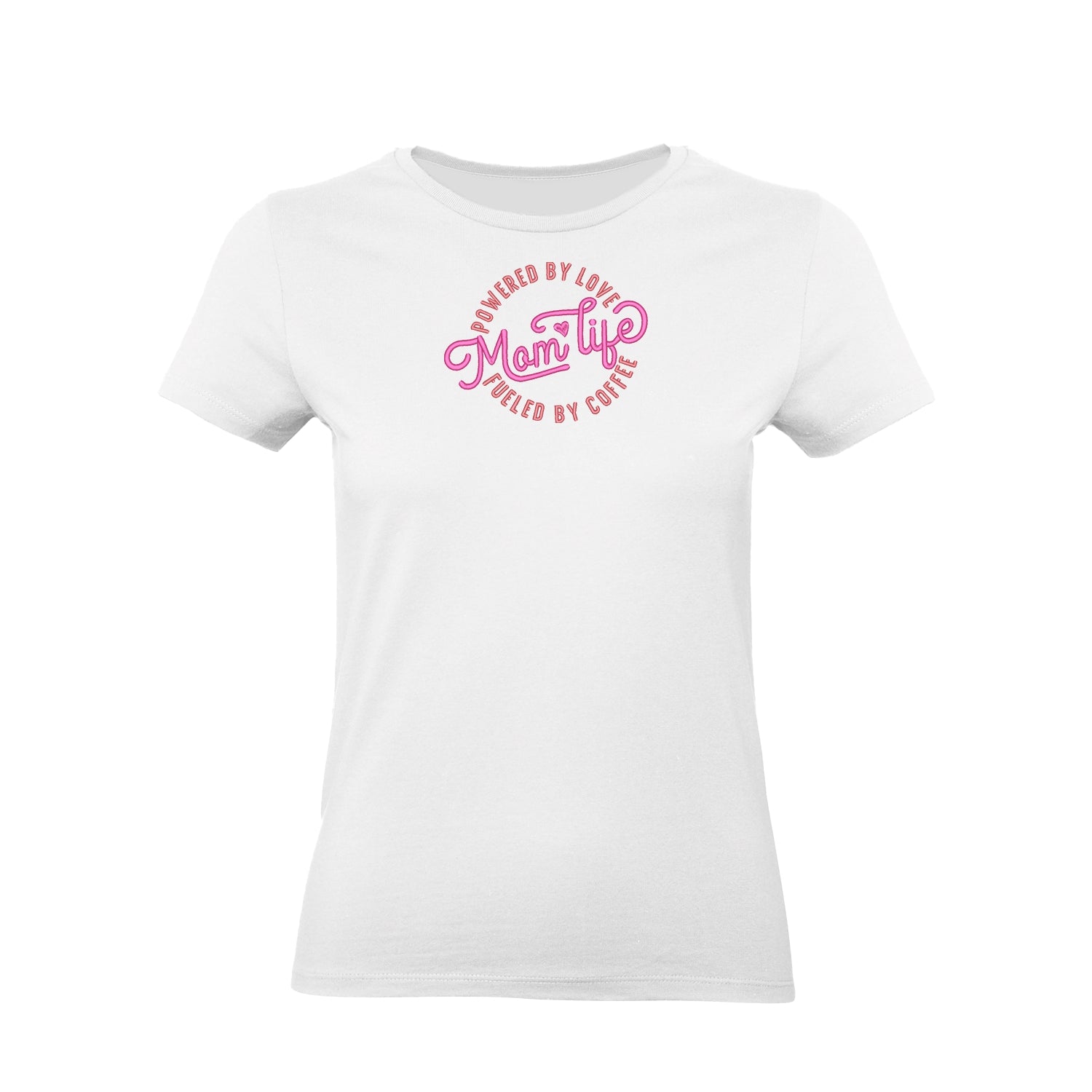 Koszulka haftowana „Mom Life Powered by Love” – damska, unisex, oversize, stylowy haft komputerowy Haft z radości - nadruki i haft na odzieży Warszawa
