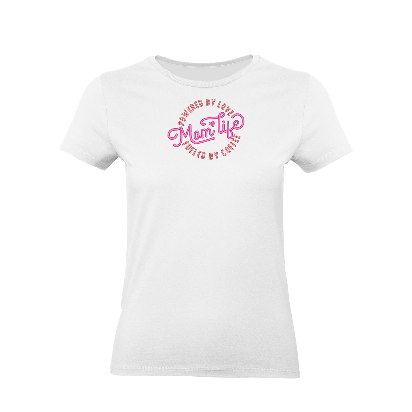 Koszulka haftowana „Mom Life Powered by Love” – damska, unisex, oversize, stylowy haft komputerowy Haft z radości - nadruki i haft na odzieży Warszawa