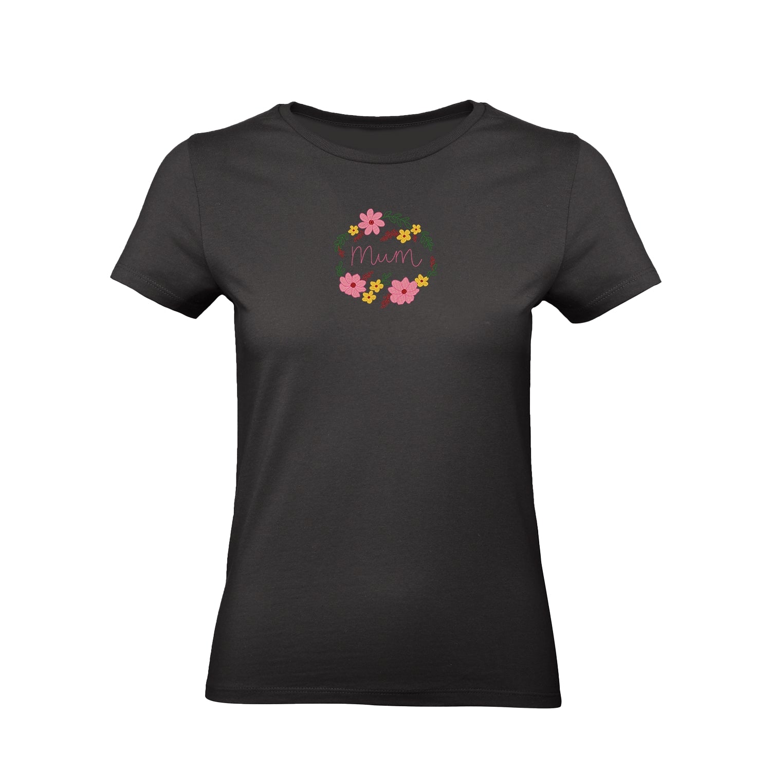 Koszulka z haftem “Mom Flower Wreath” – damska, unisex, oversize | Stylowa koszulka z motywem kwiatowego wieńca dla mamy Haft z radości - nadruki i haft na odzieży Warszawa