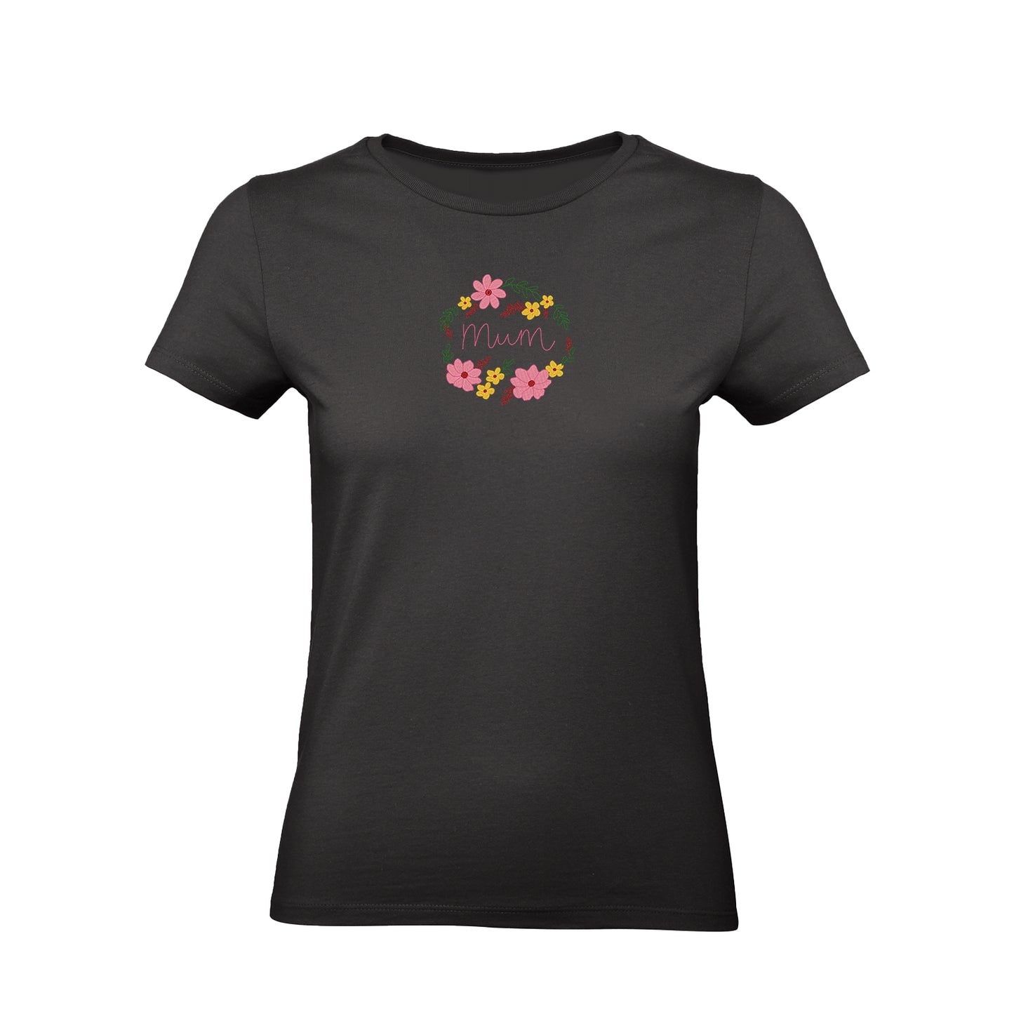 Koszulka z haftem “Mom Flower Wreath” – damska, unisex, oversize | Stylowa koszulka z motywem kwiatowego wieńca dla mamy Haft z radości - nadruki i haft na odzieży Warszawa