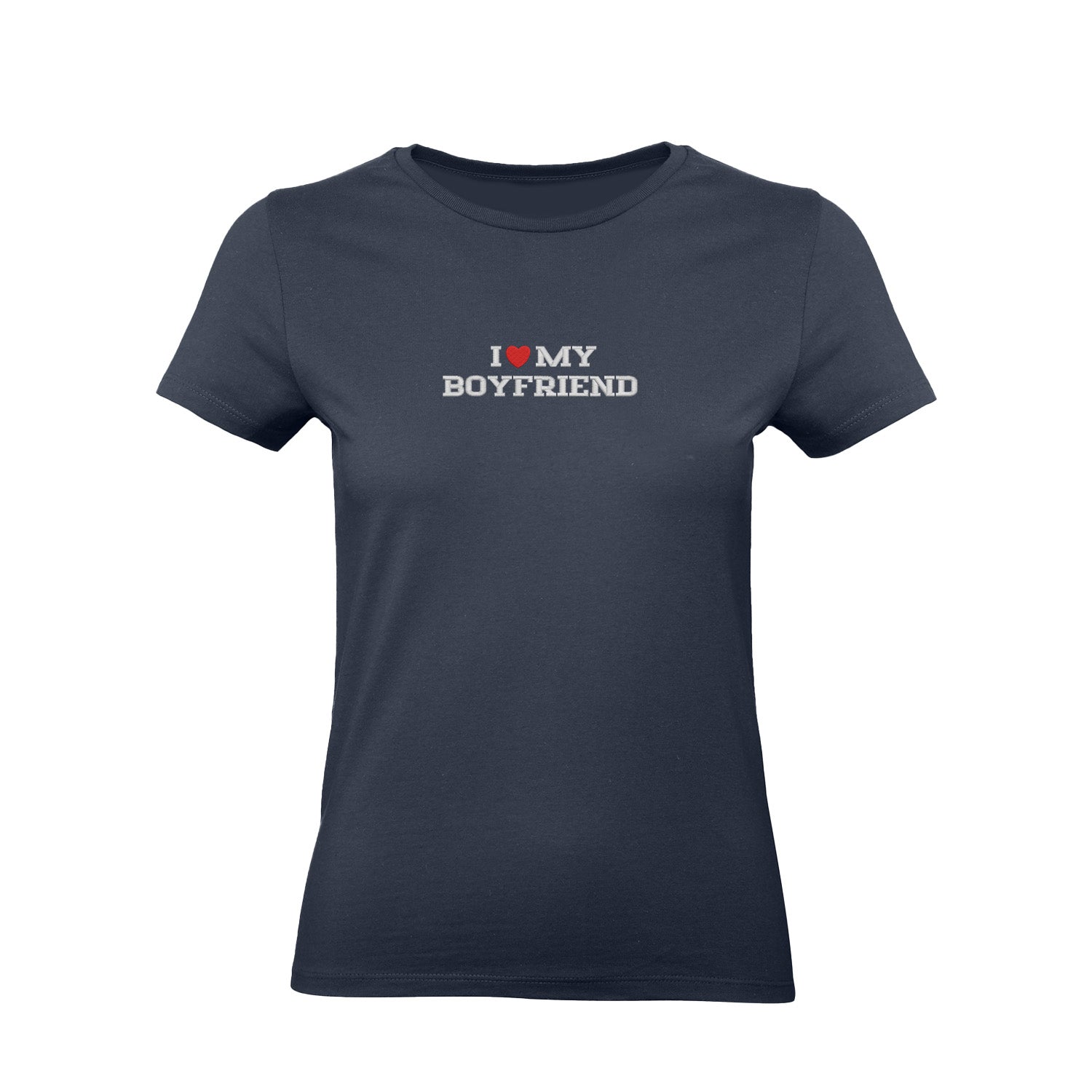 Koszulka I LOVE MY BOYFRIEND z haftem – unisex, damska lub oversize Haft z radości - nadruki i haft na odzieży Warszawa