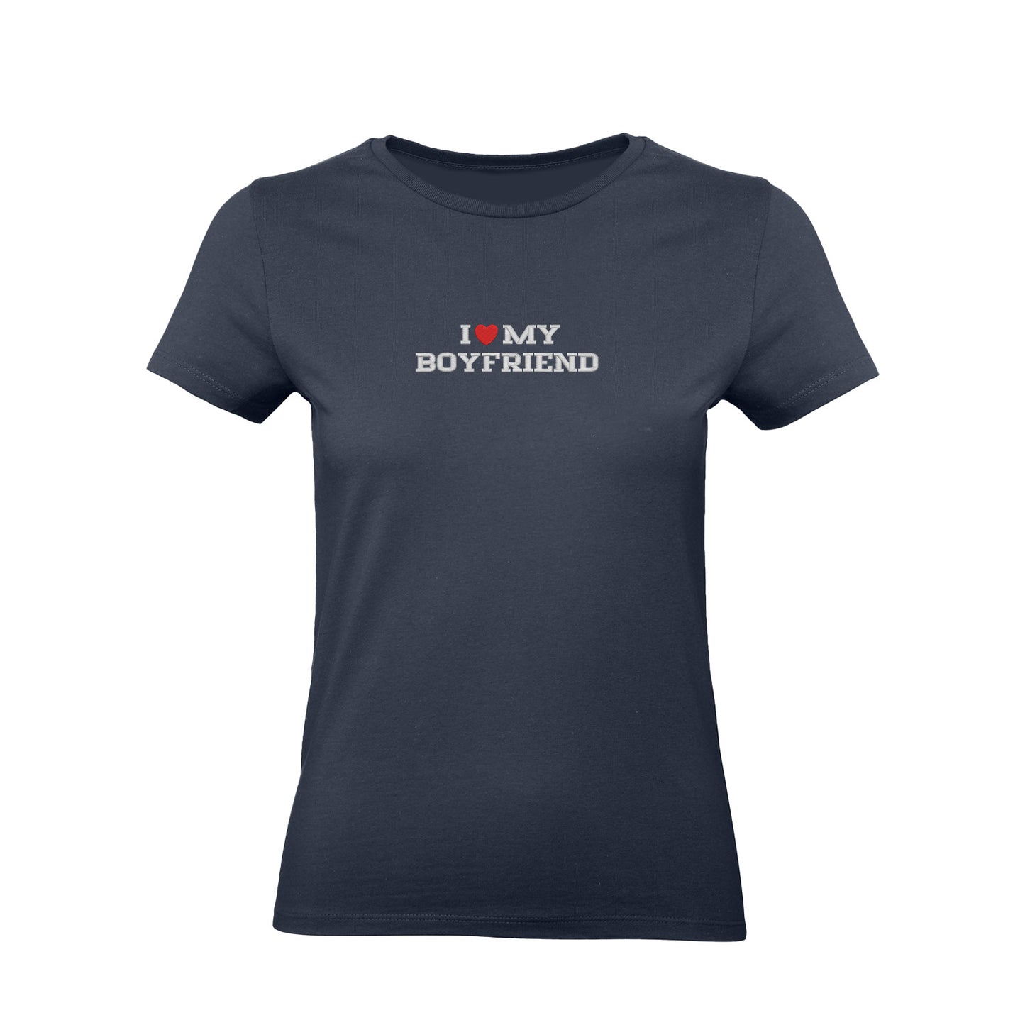 Koszulka I LOVE MY BOYFRIEND z haftem – unisex, damska lub oversize Haft z radości - nadruki i haft na odzieży Warszawa