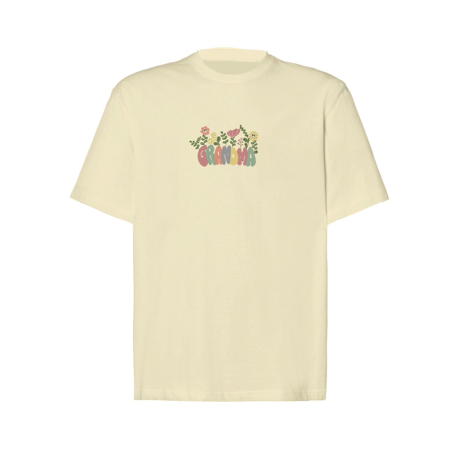Koszulka Groovy Grandma Flower – kolorowy haft dla Babci Haft z radości - nadruki i haft na odzieży Warszawa