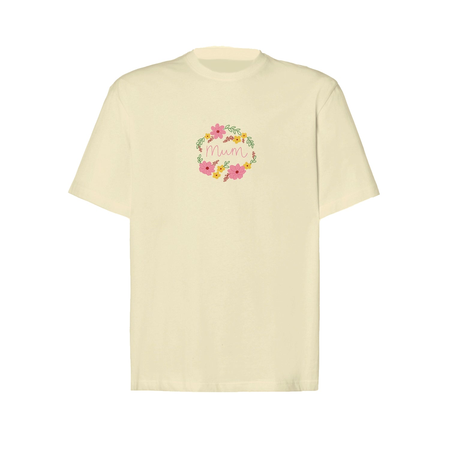 Koszulka z haftem “Mom Flower Wreath” – damska, unisex, oversize | Stylowa koszulka z motywem kwiatowego wieńca dla mamy Haft z radości - nadruki i haft na odzieży Warszawa