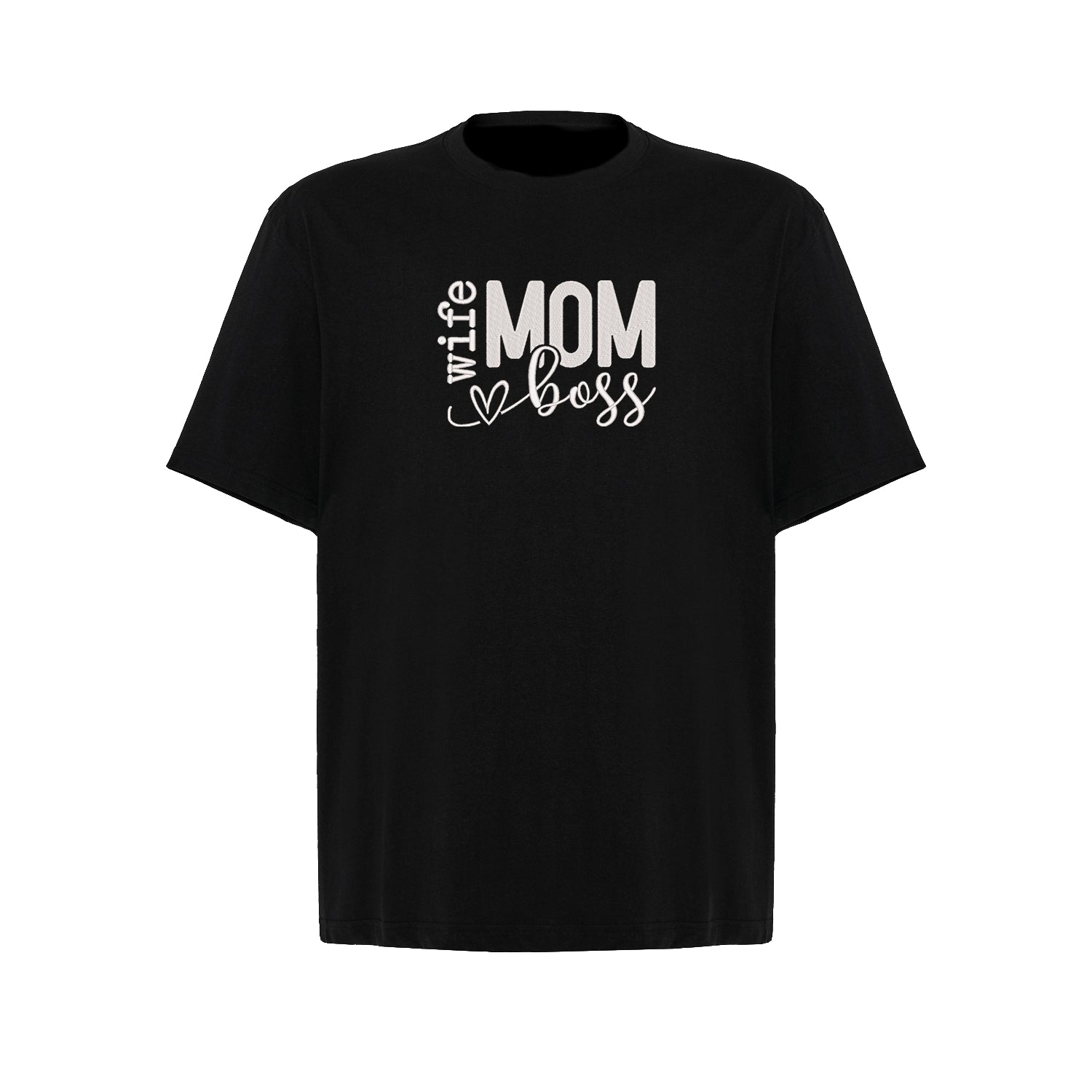 Koszulka haftowana „Mom Wife Boss” – damska, unisex, oversize, modny haft komputerowy Haft z radości - nadruki i haft na odzieży Warszawa