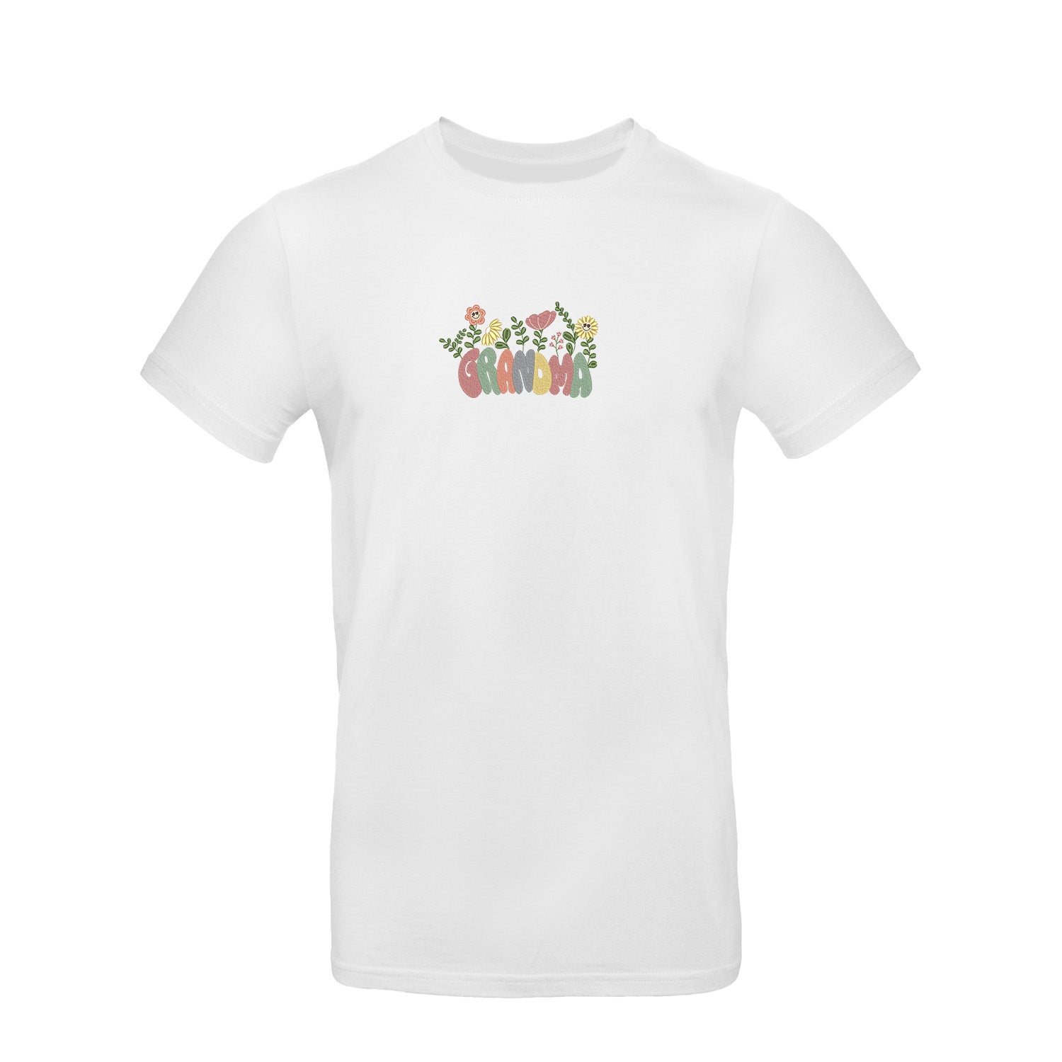 Koszulka Groovy Grandma Flower – kolorowy haft dla Babci Haft z radości - nadruki i haft na odzieży Warszawa