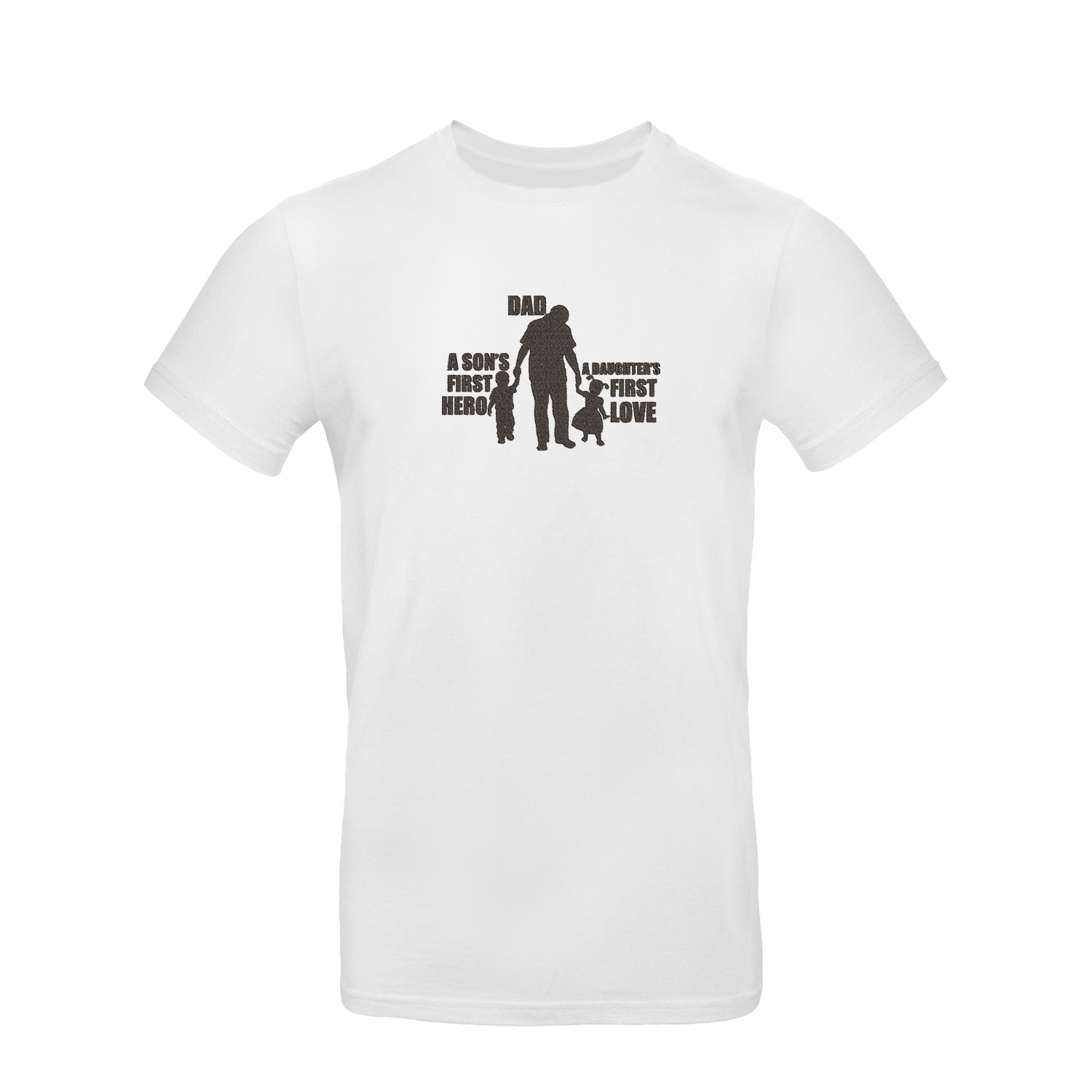 Koszulka unisex z haftem "Dad – A Son's First Hero, A Daughter's First Love" Haft z radości