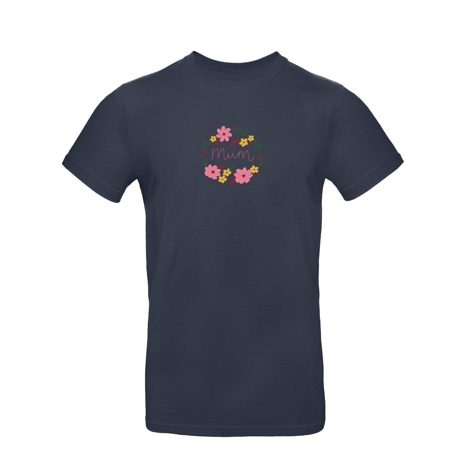 Koszulka z haftem “Mom Flower Wreath” – damska, unisex, oversize | Stylowa koszulka z motywem kwiatowego wieńca dla mamy Haft z radości - nadruki i haft na odzieży Warszawa