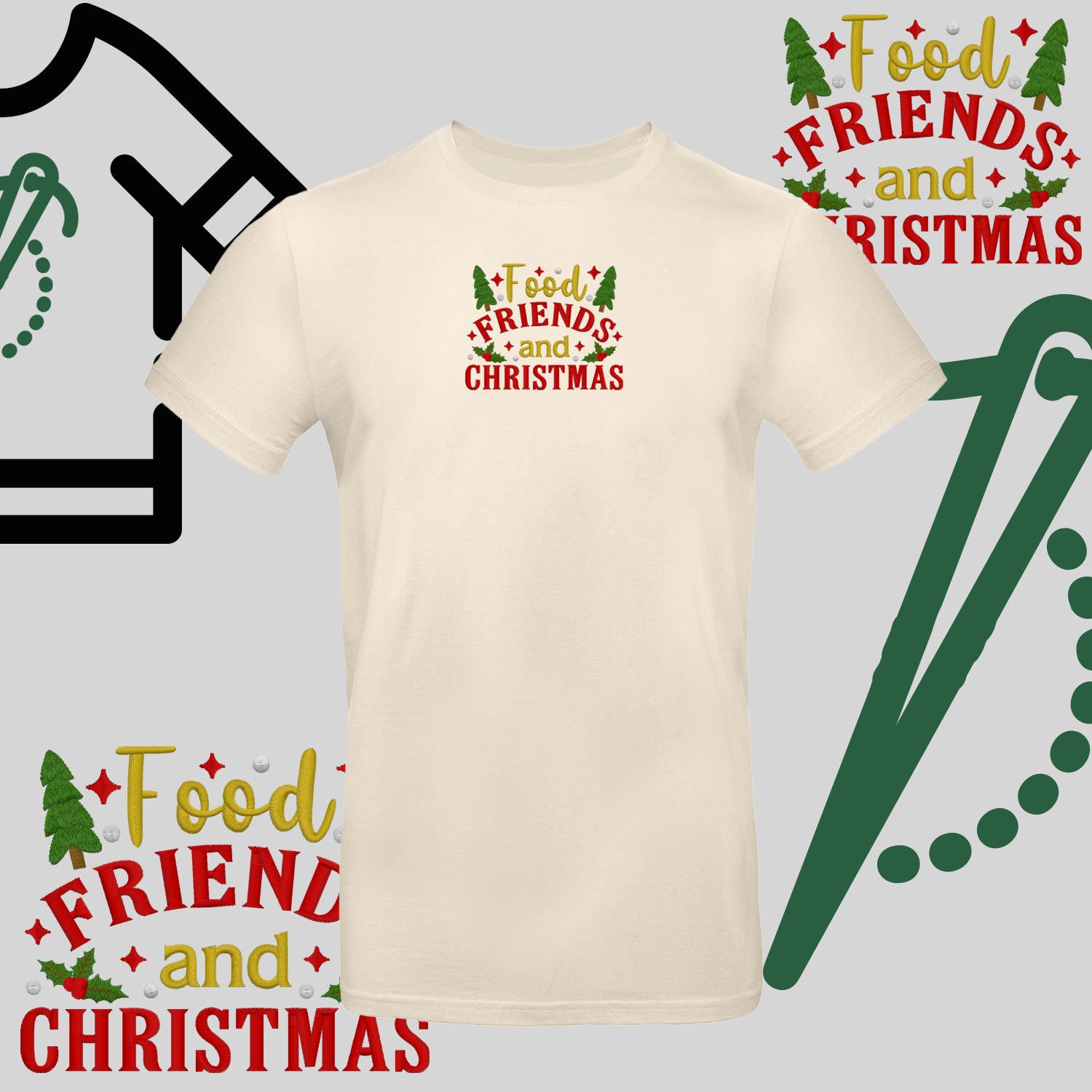 Koszulka unisex  "Food, Friends and Christmas" – haft komputerowy, styl z pozytywnym przekazem