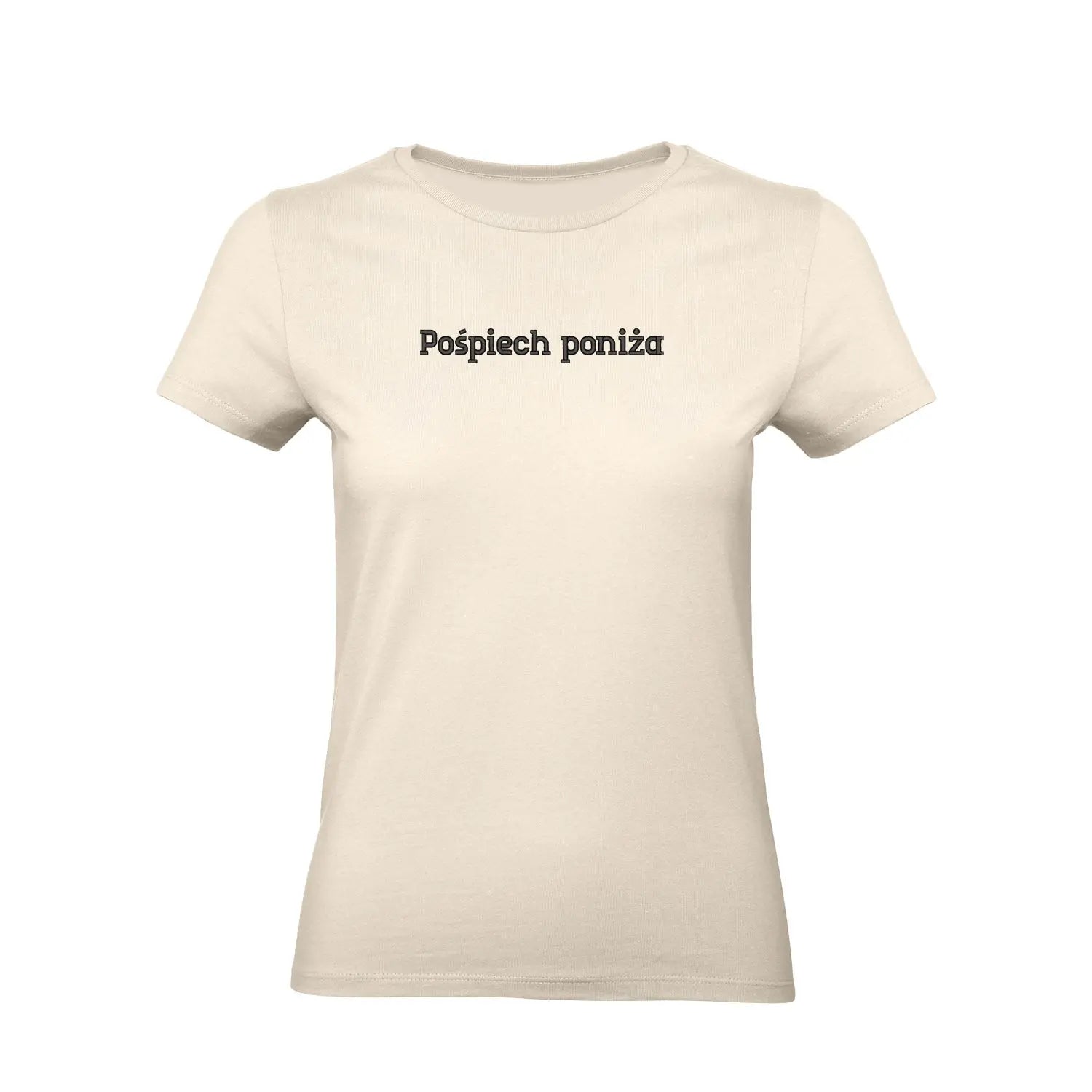 Koszulka damska „Pośpiech poniża” – Haft 3D, Styl i Dystans do Życia Haft z radości