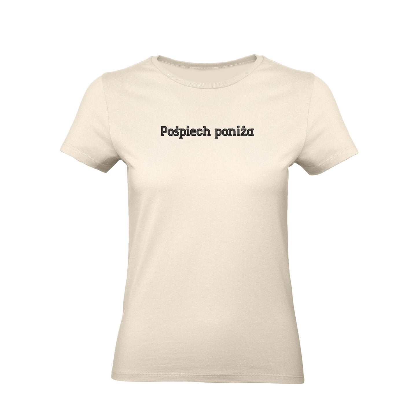 Koszulka damska „Pośpiech poniża” – Haft 3D, Styl i Dystans do Życia