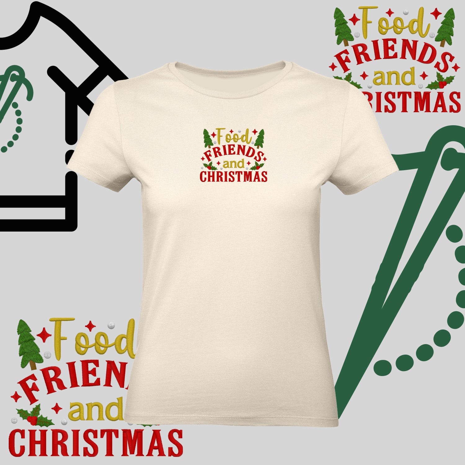 Koszulka damska  "Food, Friends and Christmas" – haft komputerowy, styl z pozytywnym przekazem