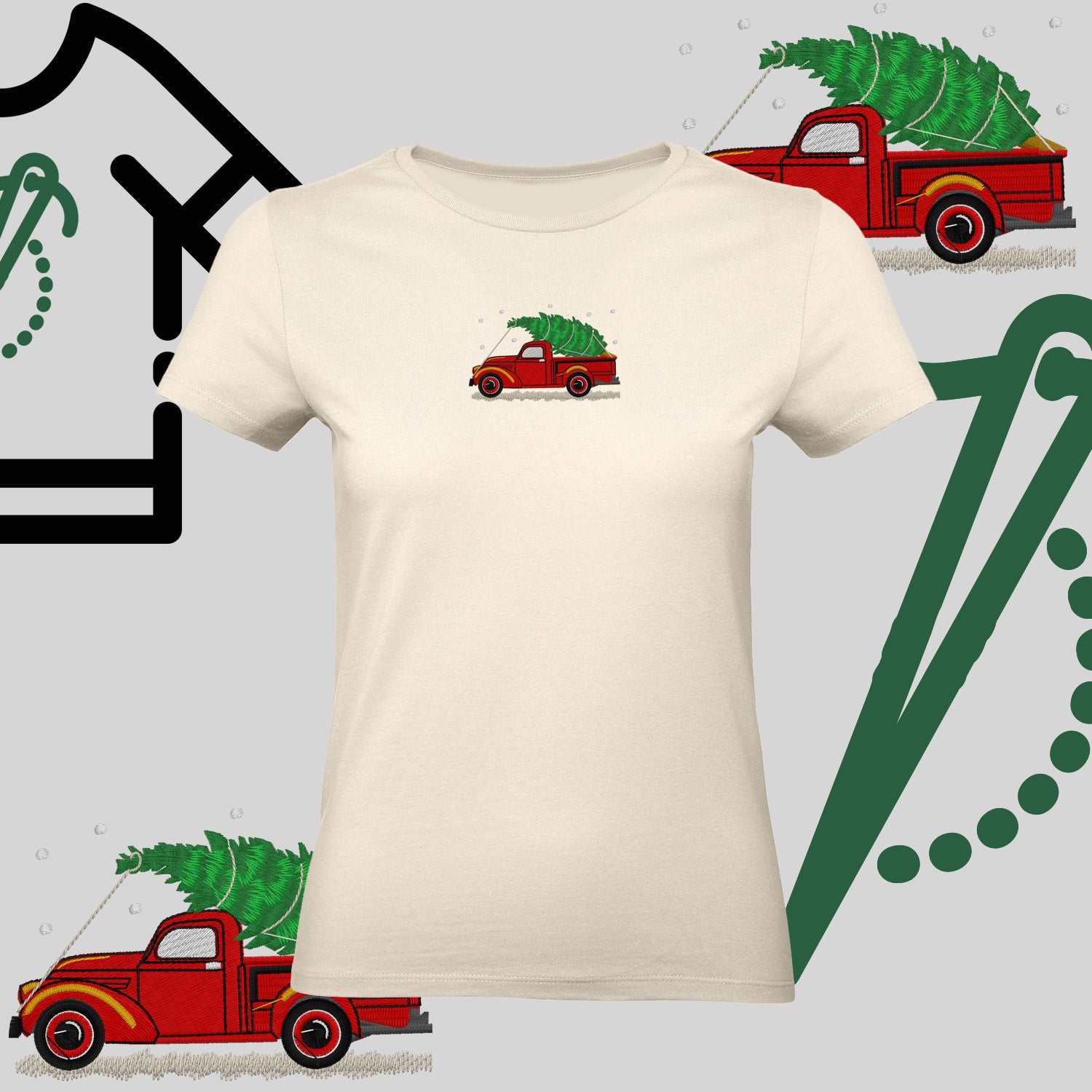 Koszulka damska  "Pickup z choinką" – haft komputerowy, styl z pozytywnym przekazem