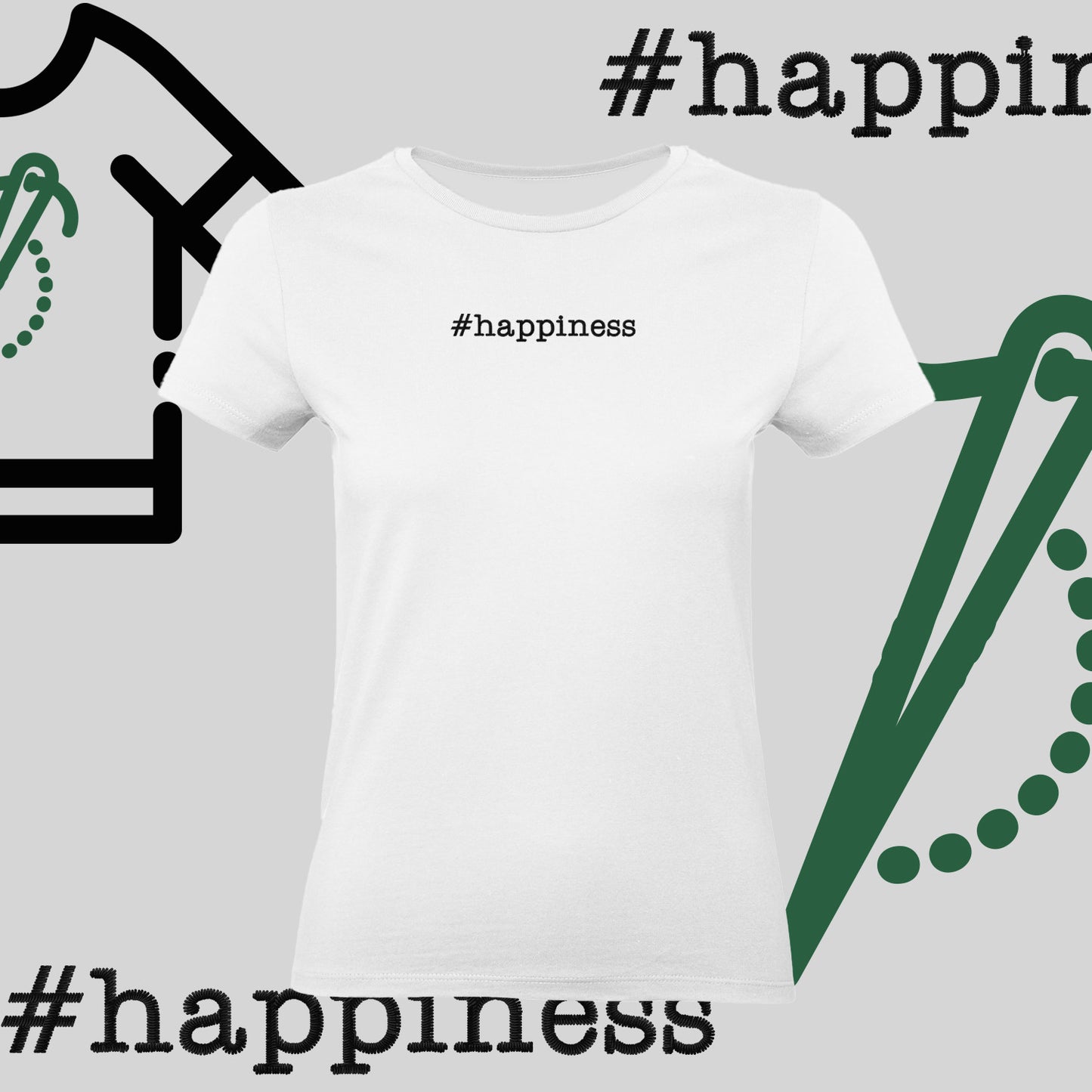 Koszulka damska "#happiness" – haft komputerowy, styl z pozytywną energią