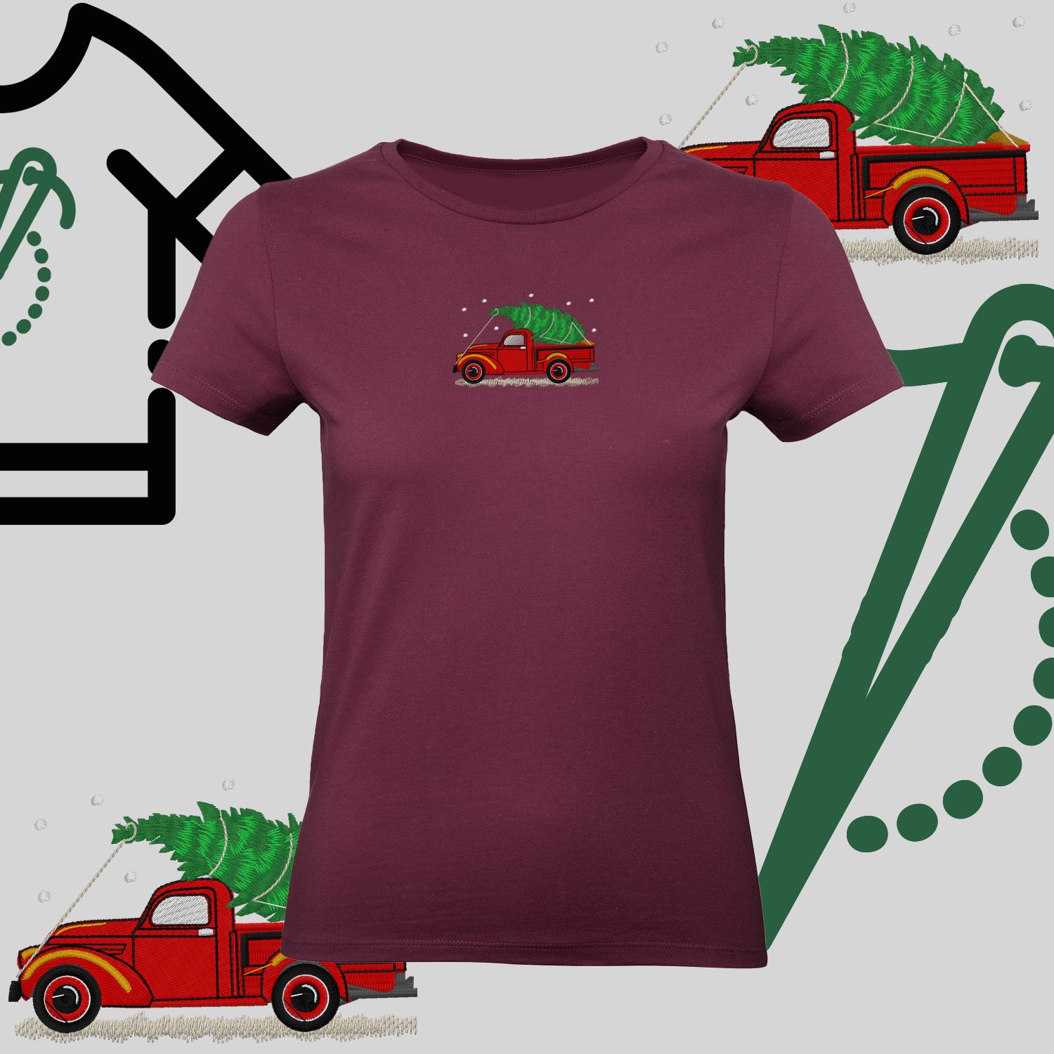 Koszulka damska  "Pickup z choinką" – haft komputerowy, styl z pozytywnym przekazem