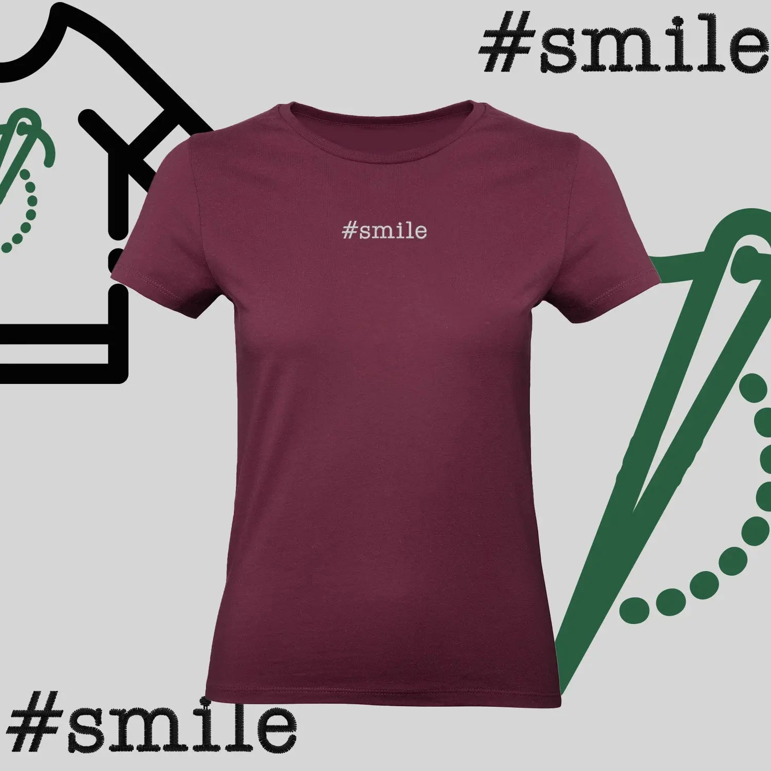 Koszulka damska "#SMILE" – haft komputerowy, pozytywny styl na co dzień Haft z radości