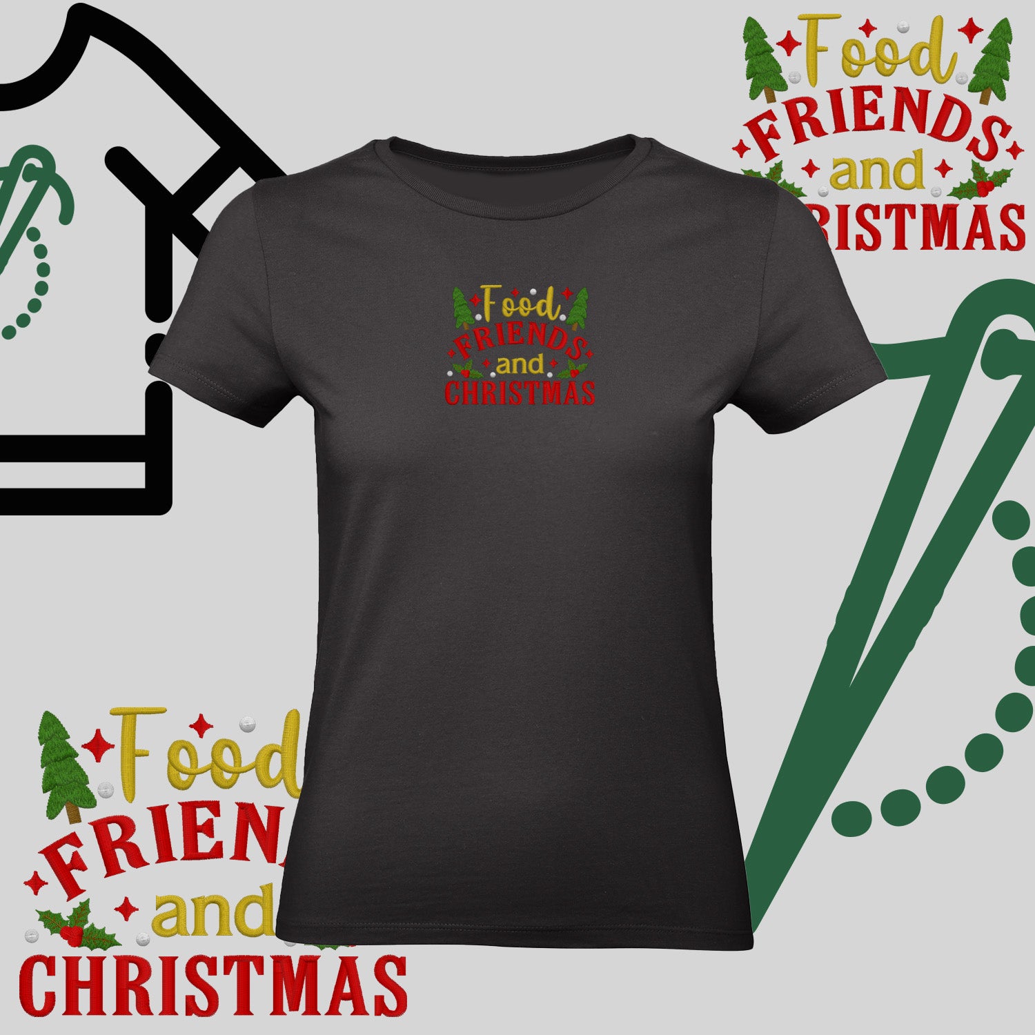 Koszulka damska  "Food, Friends and Christmas" – haft komputerowy, styl z pozytywnym przekazem