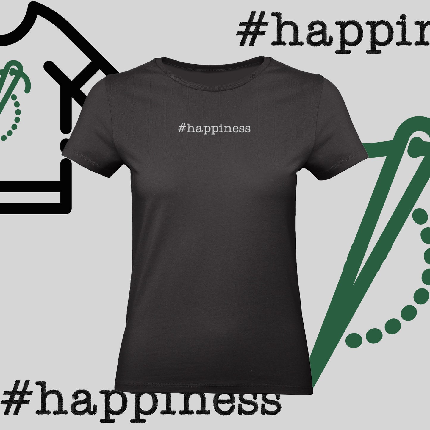 Koszulka damska "#happiness" – haft komputerowy, styl z pozytywną energią