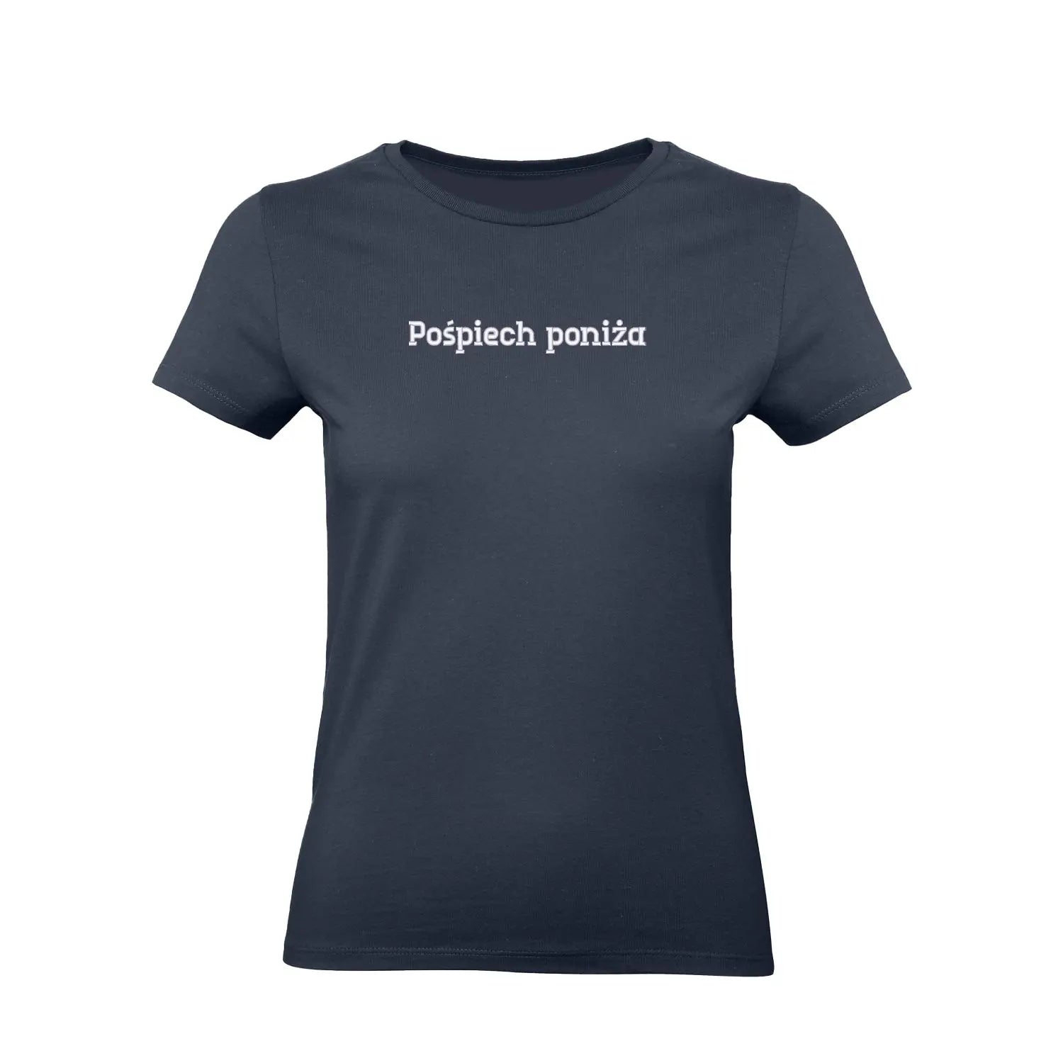 Koszulka damska „Pośpiech poniża” – Haft 3D, Styl i Dystans do Życia Haft z radości