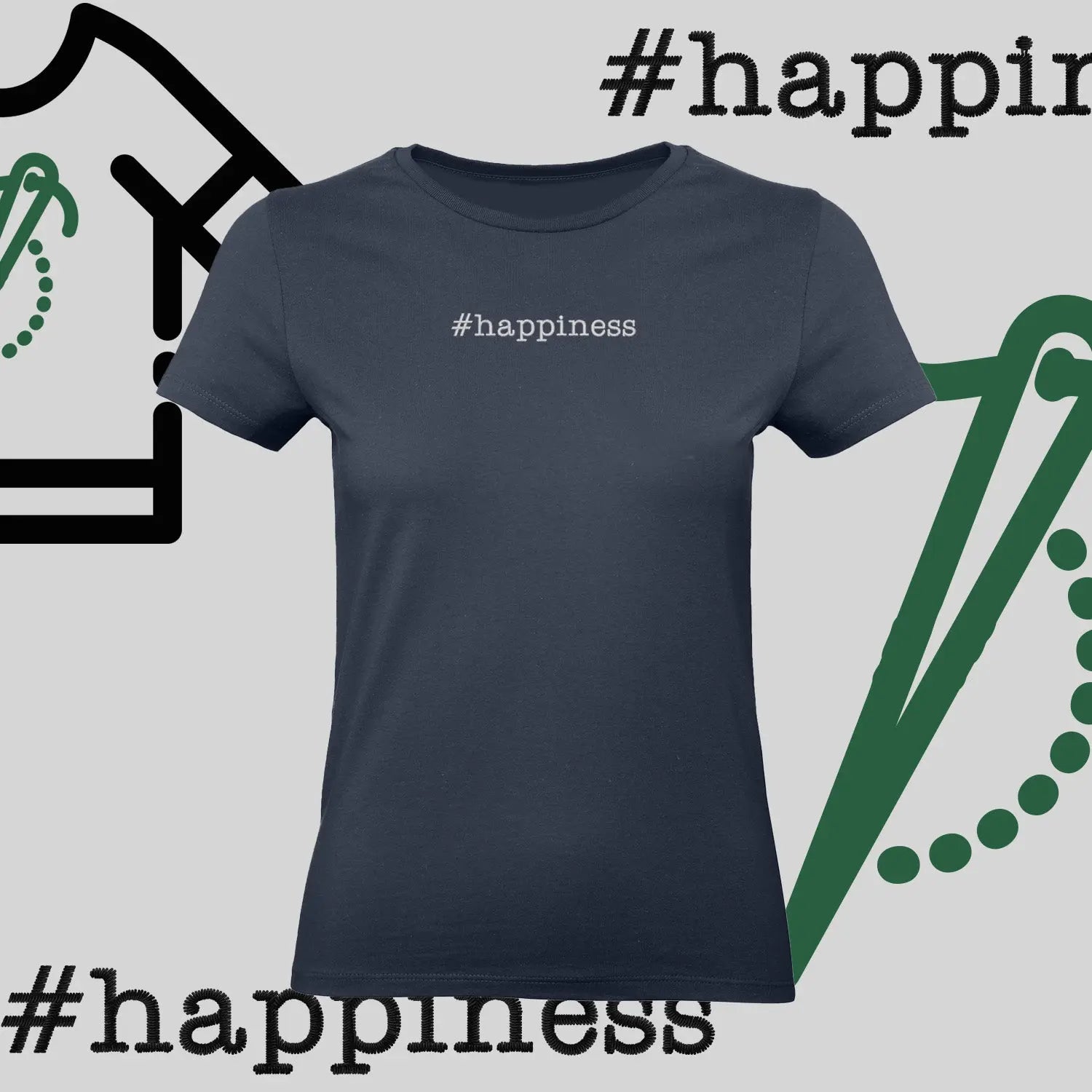 Koszulka damska "#happiness" – haft komputerowy, styl z pozytywną energią Haft z radości