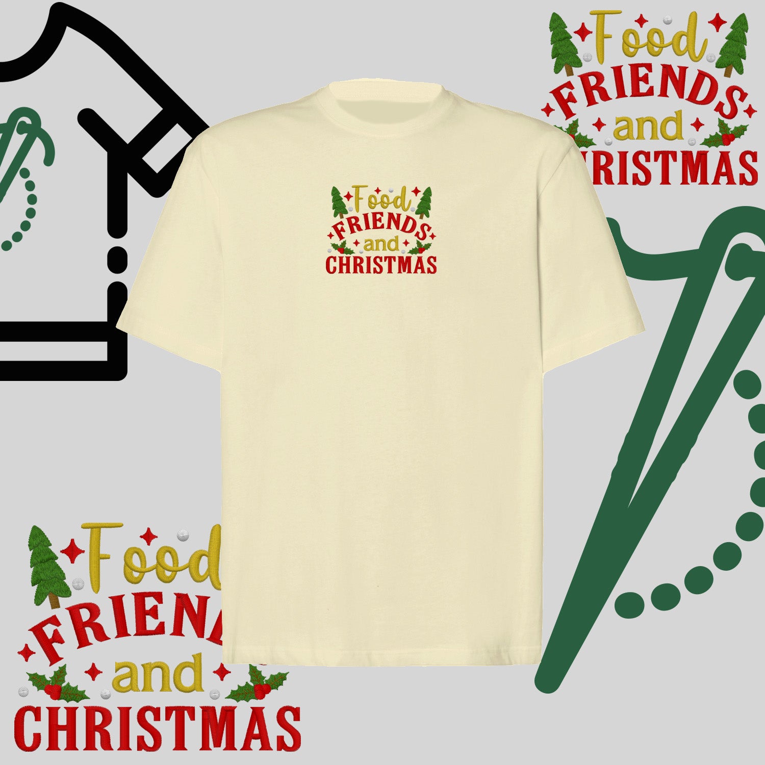 Koszulka oversize "Food, Friends and Christmas" – haft komputerowy, styl z przesłaniem
