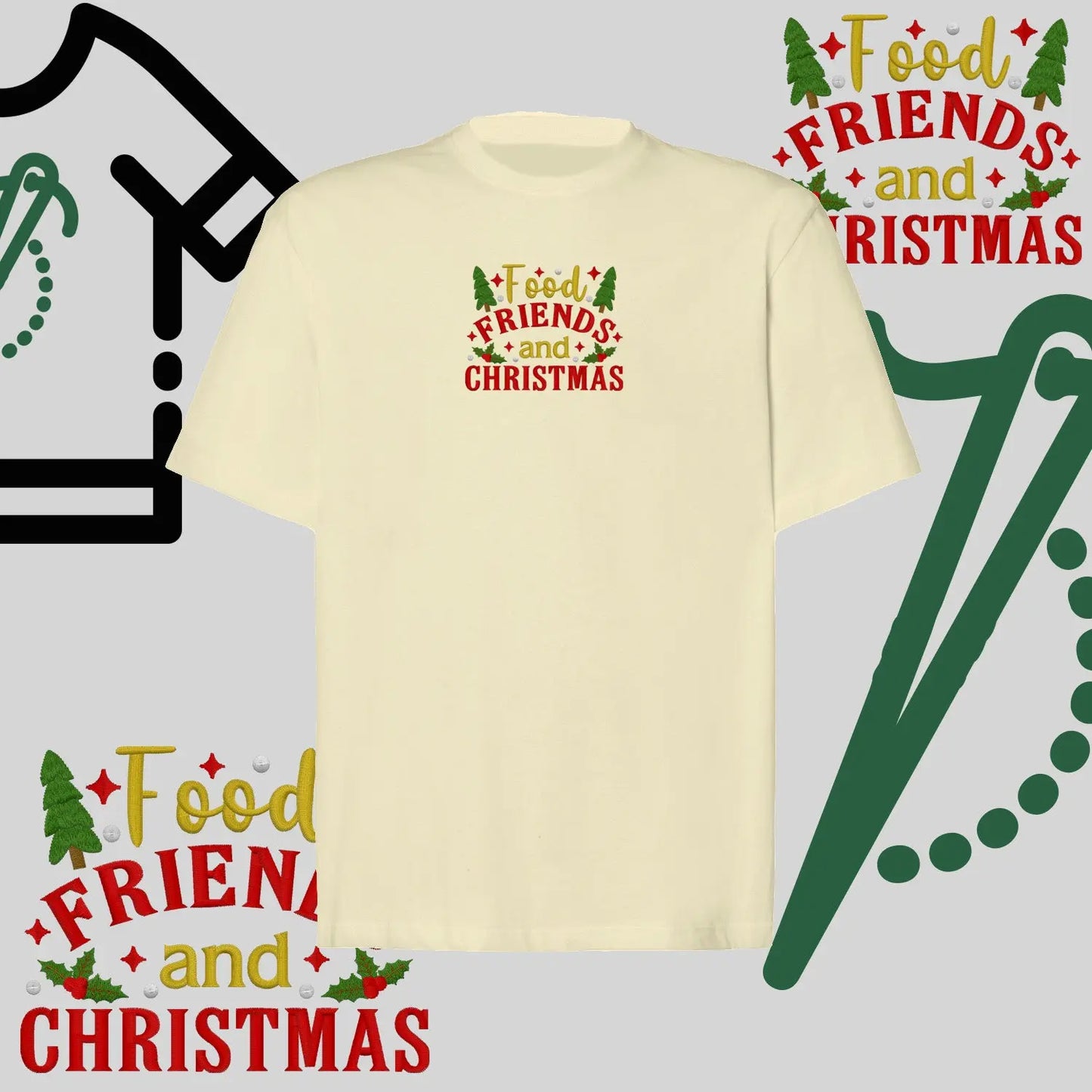 Koszulka oversize "Food, Friends and Christmas" – haft komputerowy, styl z przesłaniem Haft z radości