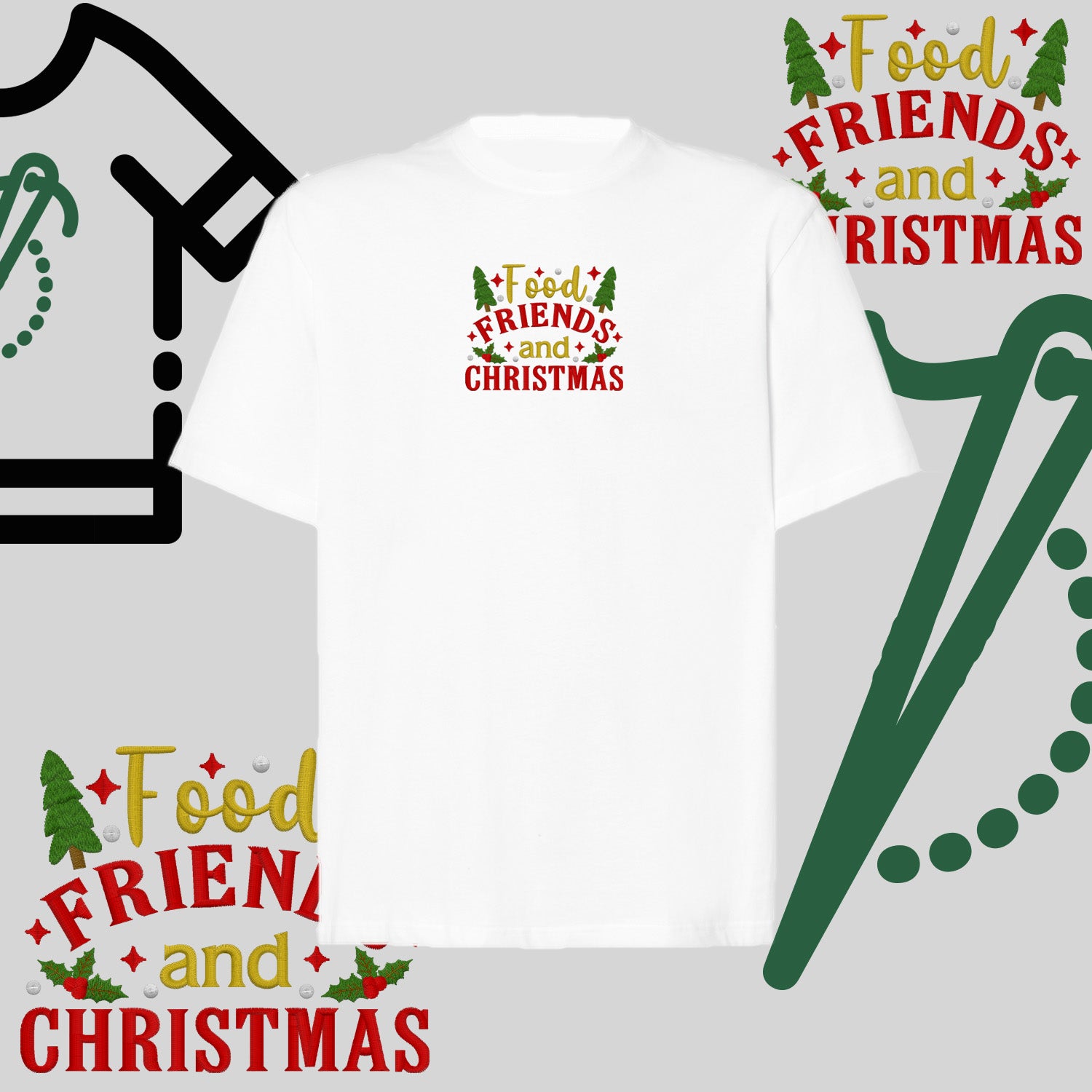 Koszulka oversize "Food, Friends and Christmas" – haft komputerowy, styl z przesłaniem