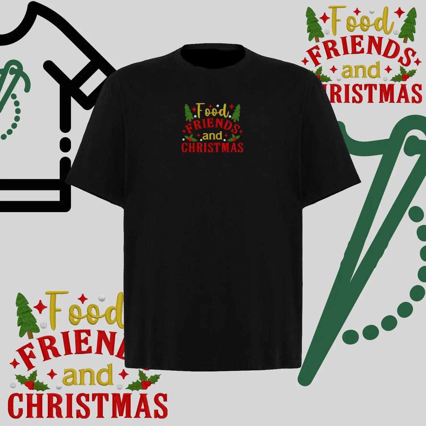 Koszulka oversize "Food, Friends and Christmas" – haft komputerowy, styl z przesłaniem Haft z radości