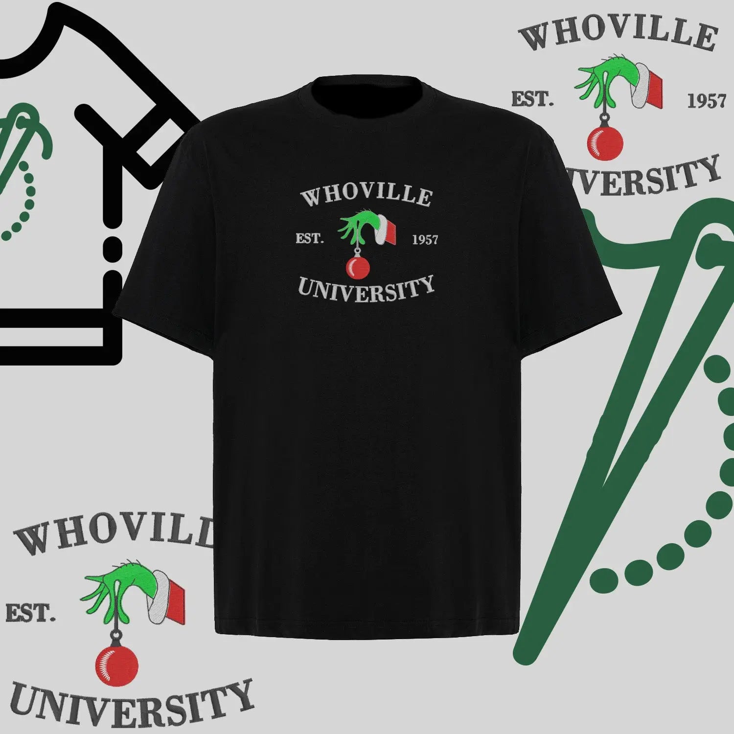 Koszulka oversize "Grinch University" – haft komputerowy, styl z przesłaniem Haft z radości