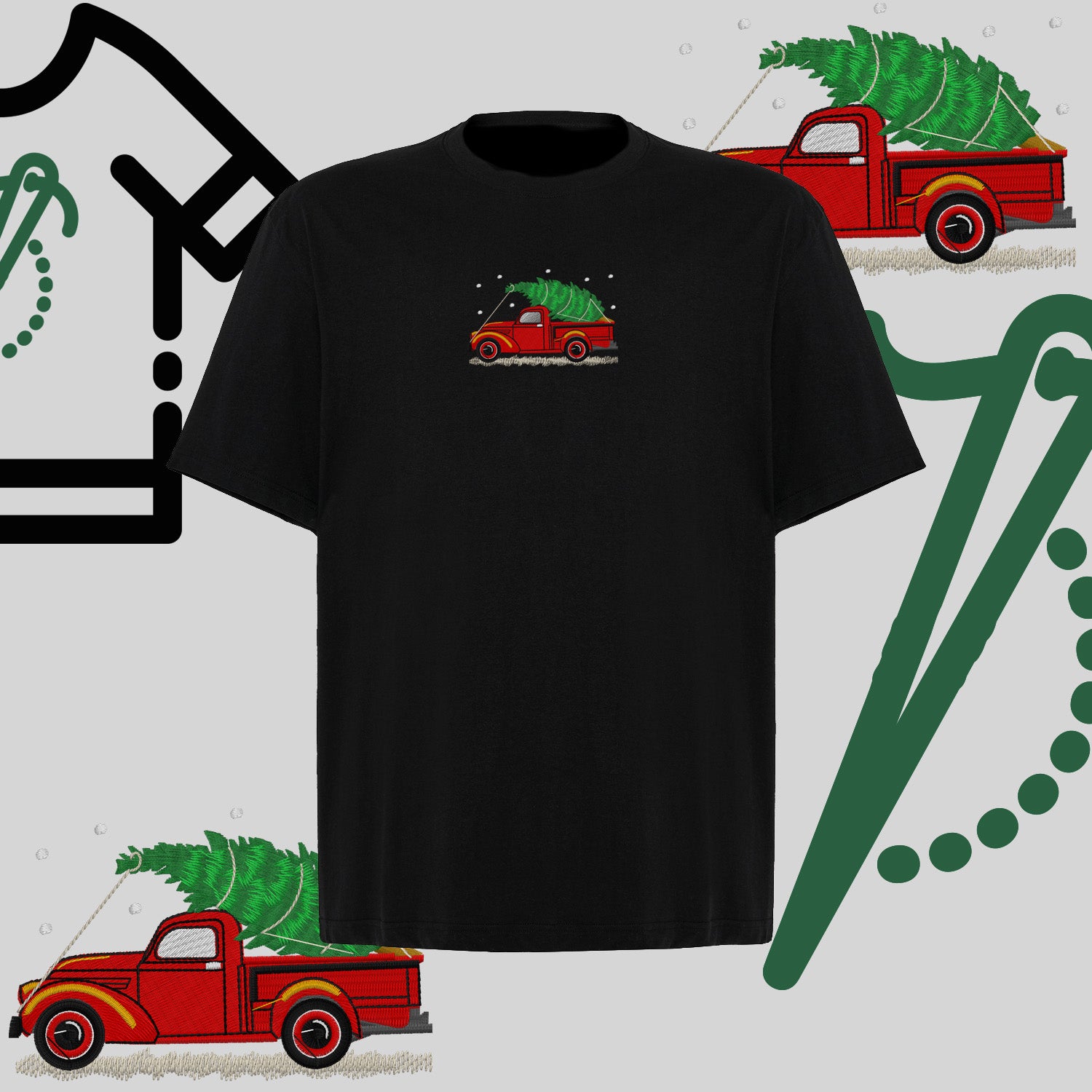 Koszulka oversize "Pickup z choinką" – haft komputerowy, styl z przesłaniem