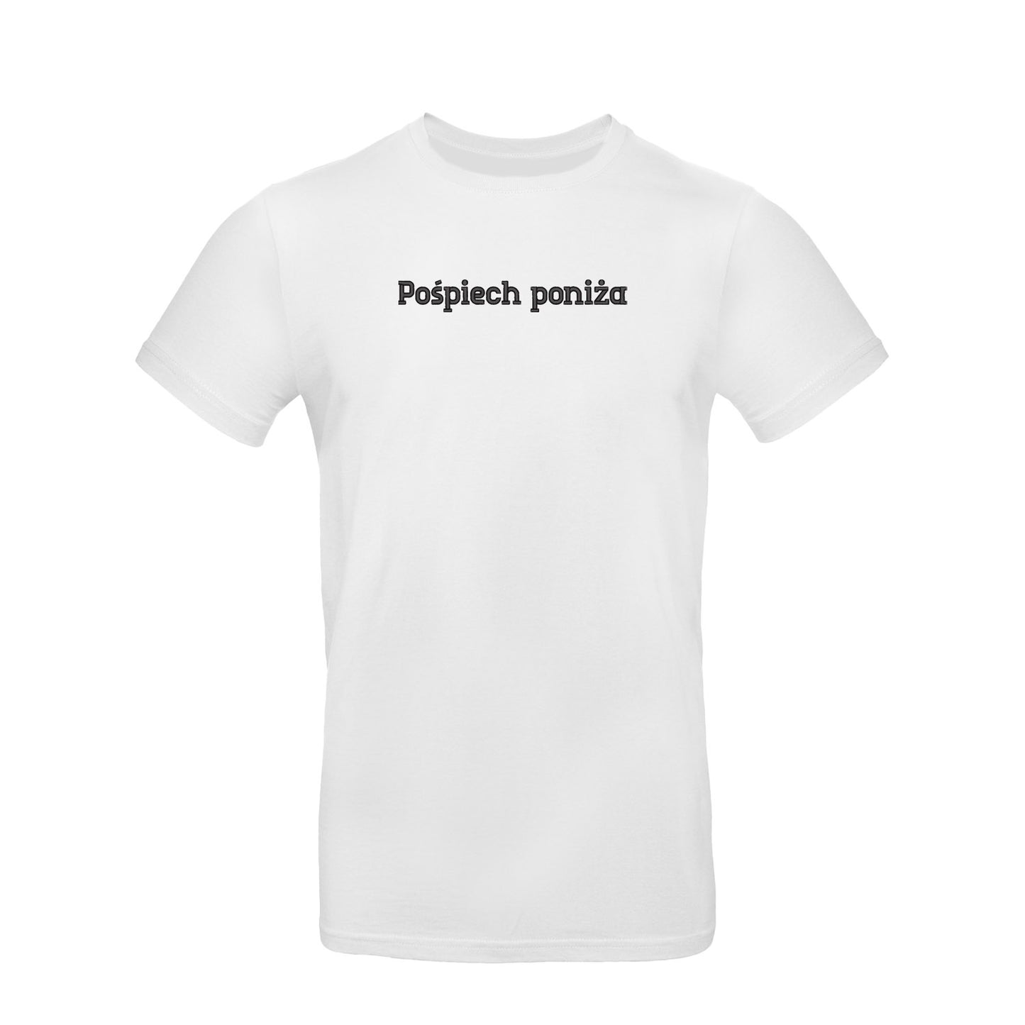 Koszulka unisex „Pośpiech poniża” – Haft 3D, Styl i Dystans do Życia